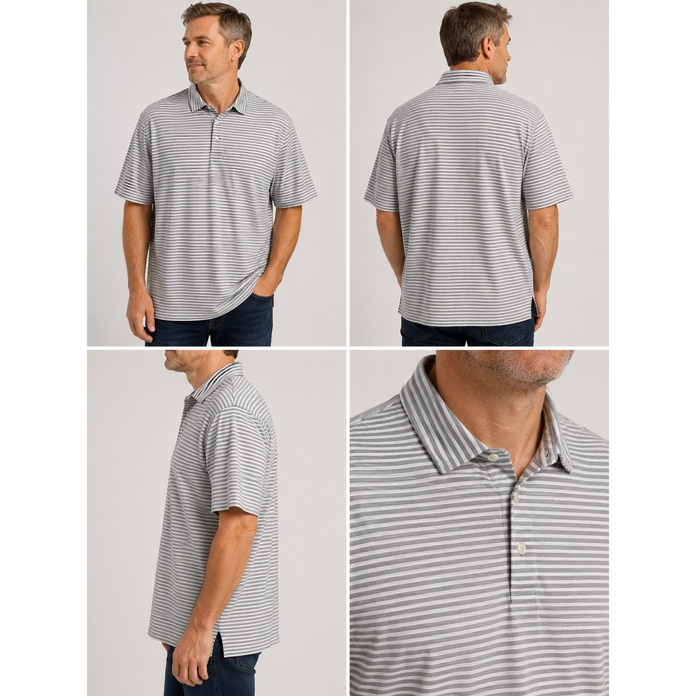 RLX Ralph Lauren Mens Gray White Striped Golf Polo Shirt XL Short Sleeve Wicking